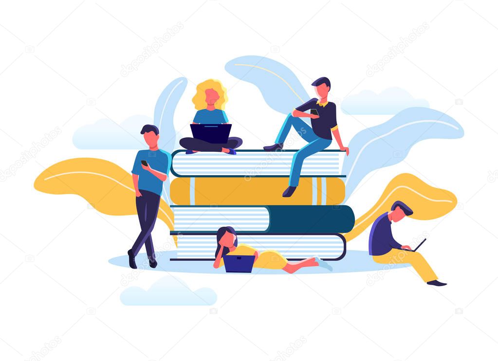 Young people learn and gain knowledge. Flat cartoon design of students learn on books for posters, banners, websites, booklets, flyers, cards. Vector illustration