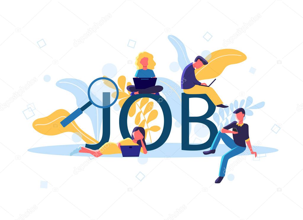 Concept vector illustration of young people using devices for job searching and hiring. Flat concept design of men and women fullfilling online and sending cv form using laptop