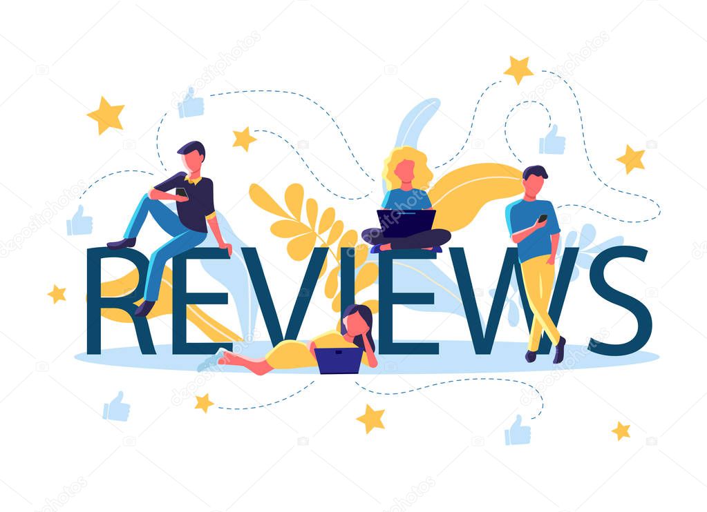 Concept vector illustration of flat people sitting on letters of reviews with laptops, smartphones, leaving online reviews, giving feedback, rating. Thumb up, stars icons, infographics. Social media.