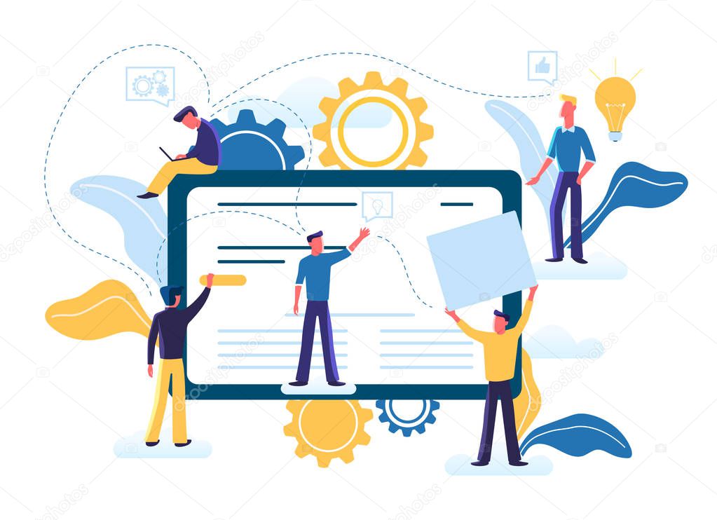 Flat vector illustration of small people are working together on creating a site design on computer monitor, website, applications. Site constructor, website builder, online service page, web design