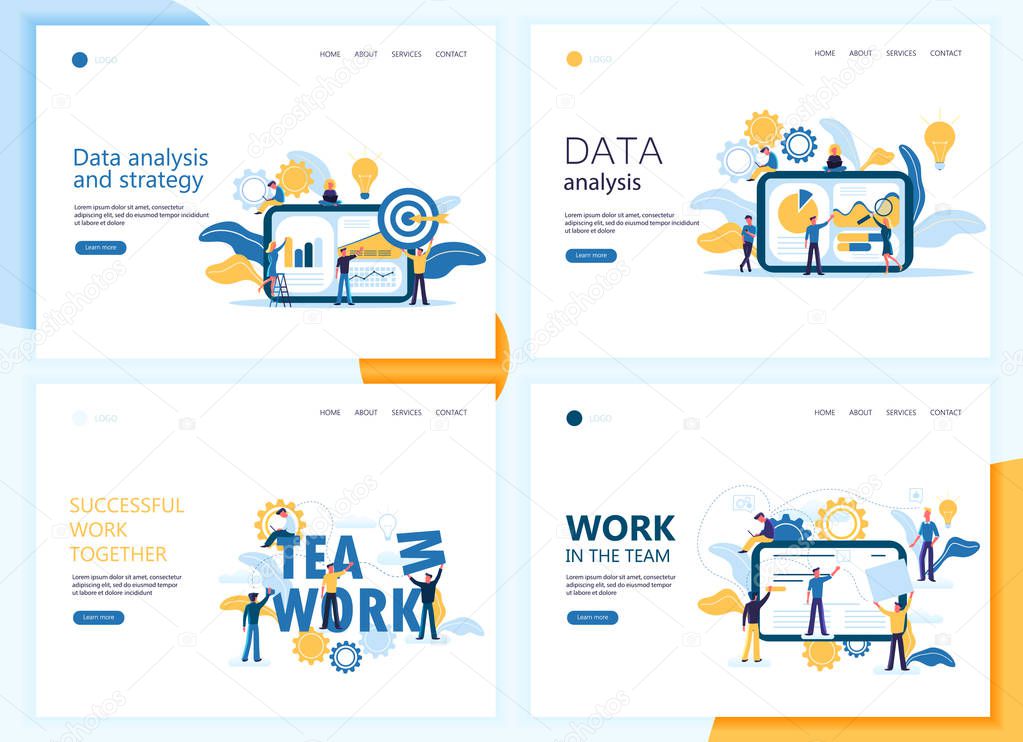 Flat vector illustration of 4 web pages templates, landing pages. Data analysis, strategy, teamwork, successful work together concept.