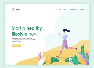 Web sayfası şablonu ile parkta çalışan kadın. Orman, park ve arka plan tepelerde. Sağlıklı bir yaşam tarzı. Afiş, sitesi, poster şablonu metin için yer ile. Vektör çizim