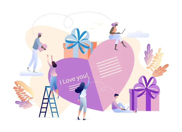 Valentines Day greeting card concept with small people preparating for St. Valentines near big heart, teamwork. Poster for social media, web page, banner, presentation. Flat design vector — Stock Vector