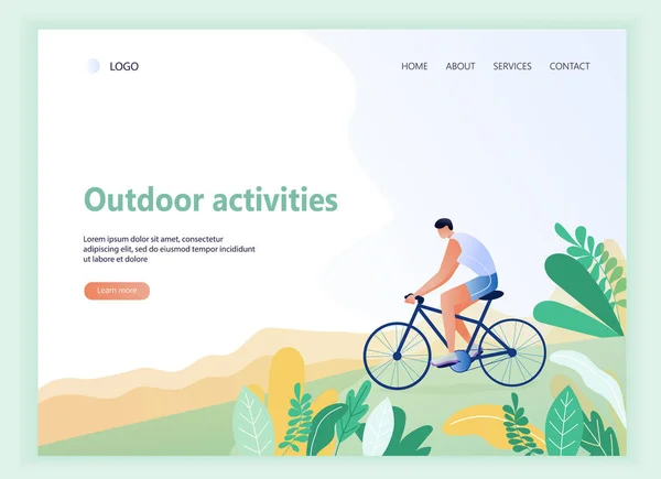 Adam at binme bisiklet ile Web sayfası şablonu. Park, orman ve arka plan tepelerde. Açık hava etkinlikleri. Afiş, sitesi, poster şablonu metin için yer ile. Vektör çizim