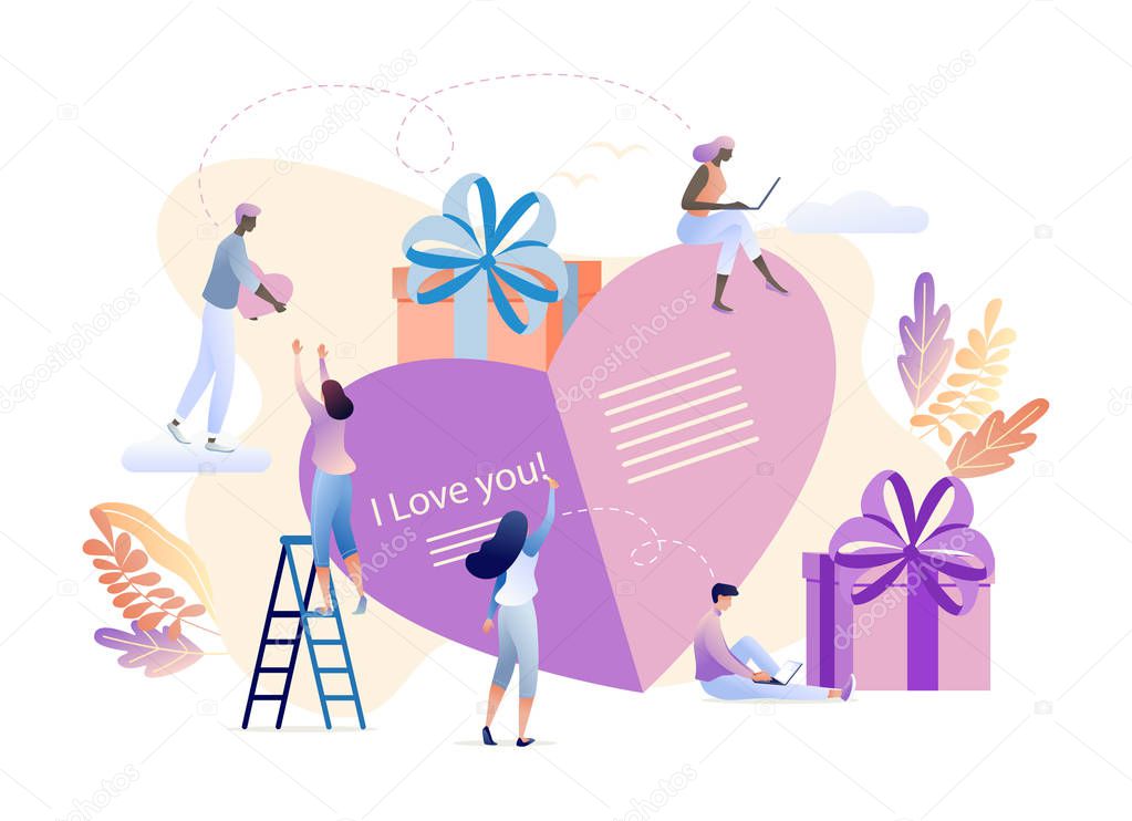 Valentines Day greeting card concept with small people preparating for St. Valentines near big heart, teamwork. Poster for social media, web page, banner, presentation. Flat design vector