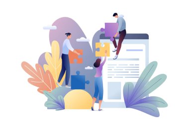 İş kavramı düz vektör çizim çözüm insanlar bulmaca ve arka üstünde hareket eden telefon ile. Biz-si olmak eriyik. Web reklam, Web sitesi, el ilanı, kart, tanıtım için.