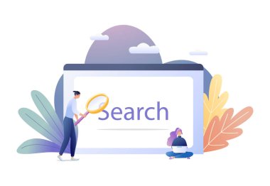İş kavramı düz vektör çizim web arama ile insanlar ve büyük bilgisayar perde. Web reklam, Web sitesi, el ilanı, kart, tanıtım için.