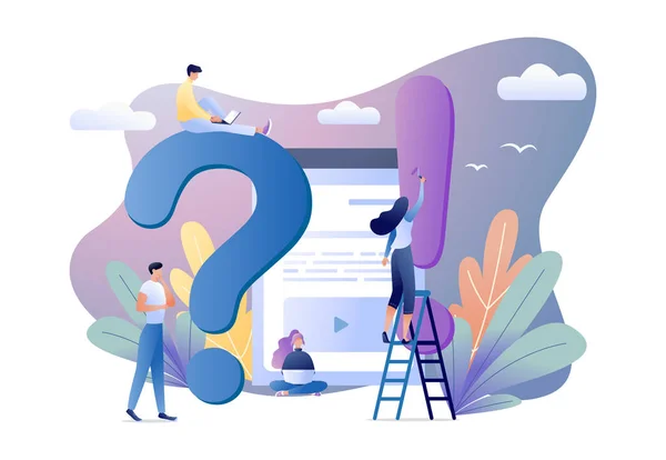İş kavramı düz vektör Illustration SSS ünlem işareti ve soru işaretleri dört bir yanındaki insanlarla. Sık sorulan sorular. Web reklam, Web sitesi, el ilanı, kartı için.