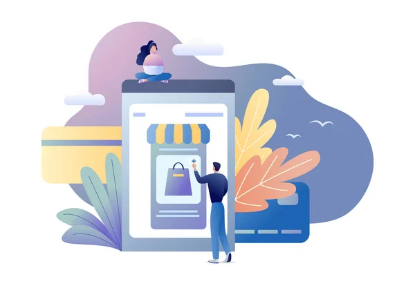 Концепция бизнеса плоский вектор иллюстрация онлайн-покупок с маленькими людьми купить вещи на сайте на экране мобильного телефона. Для веб-баннера, веб-сайта, флаера, карты . — стоковый вектор