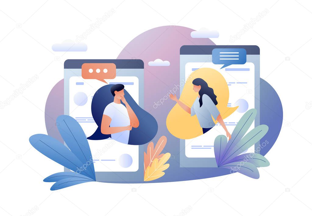Concept vector illustration of chatting via the Internet using mobile phone, social networking, communication, news, messages, search friends. For web banner, website, flyer, card.
