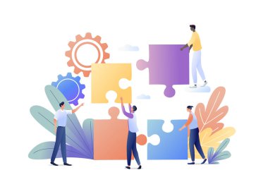 İş kavramı düz vektör çizim çözüm insanlar bulmaca ve arka üstünde hareket eden telefon ile. Biz-si olmak eriyik. Web reklam, Web sitesi, el ilanı, kart, tanıtım için.