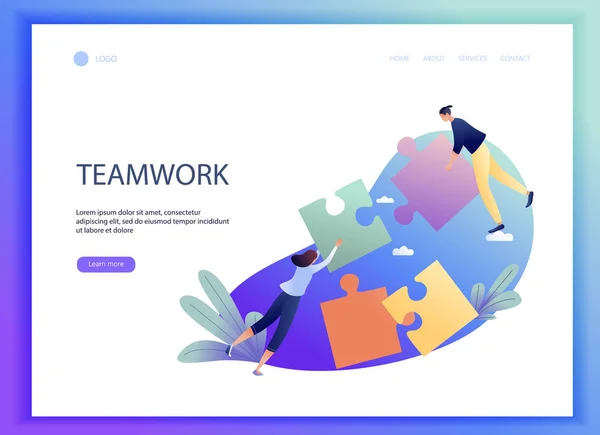 Concepto de negocio ilustración vectorial plana de la solución con personas rompecabezas y teléfono móvil en el fondo. Tenemos una solución. Plantilla de página web de aterrizaje . — Archivo Imágenes Vectoriales