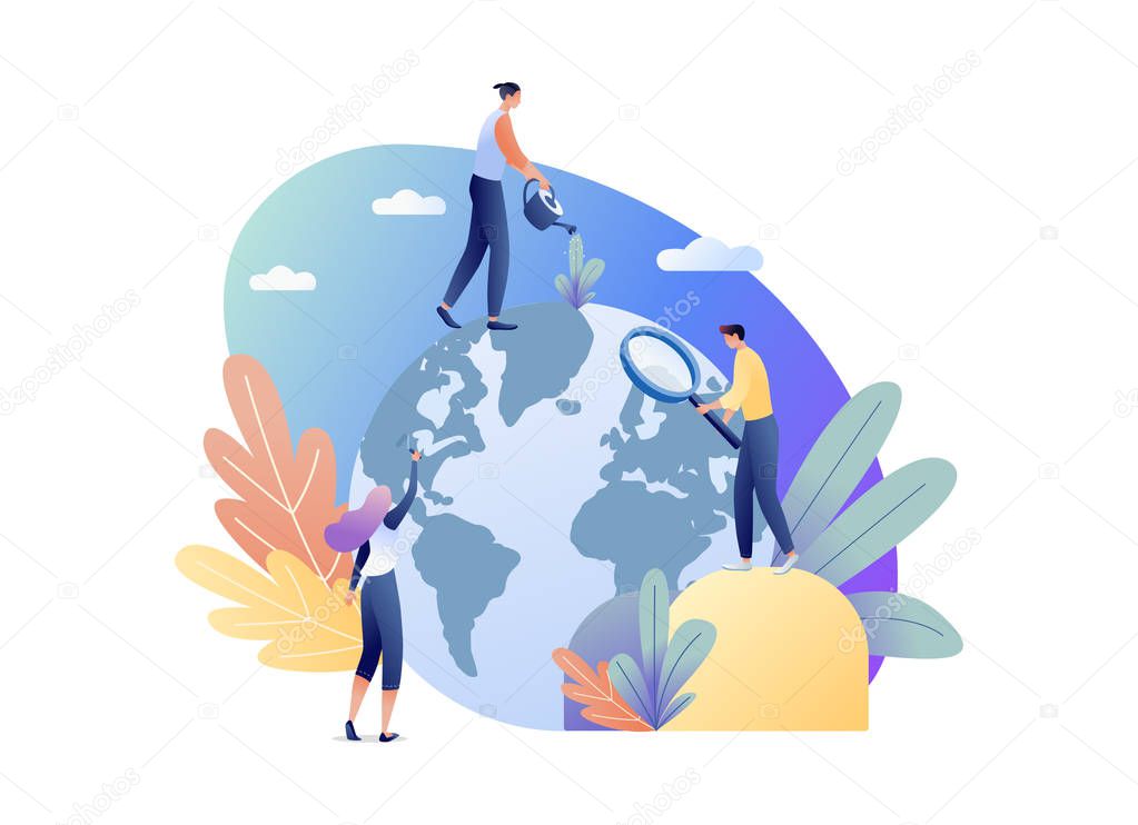 Concept vector illustration of save the planet with small people preparing for the day of the Earth, save energy, the hour of the Earth, the concept of the Earth day. For web banner, website, flyer