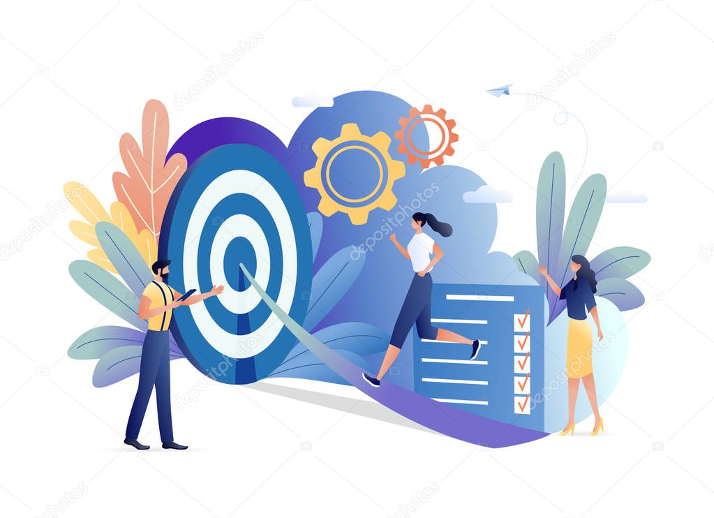 Business concept vector illustration of woman running to her goal on the on the road to the target, move up motivation, the path to the targets achievement. For web banner, website, flyer, card