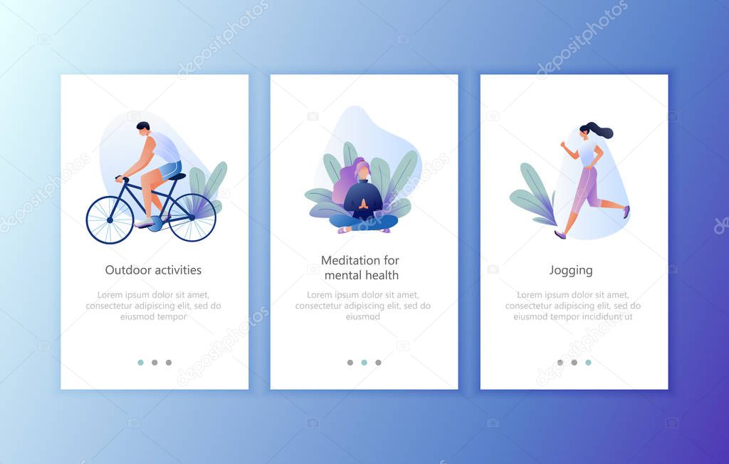 Concept Vector Illustration of Sport Lifestyle. Mobile Application Onboard Screen Set. Man Ride Bike, Girl Do Yoga, Woman Run. Outdoor Fitness Exercise Concept for Website or Web Page.
