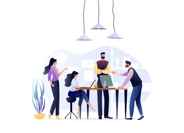 Group of People Talking Together, Discussion, Looking For New Ideas. Colleagues, Office Workers, Business. Teamwork concept. Vector Illustration. For Web Banner, Website, Flyer, Card. — Stock Vector