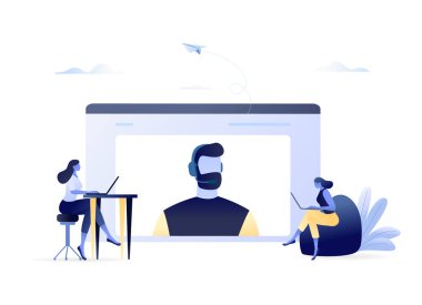 Kişi çevrimiçi teknik destek kullanın. 24 7. Müşteri Hizmetleri, Erkek hattı operatörü istemcileri önerir. Müşteri ve işleç. Web Banner, Web sitesi, el ilanı, kart, sunum için. İş kavramı düz
