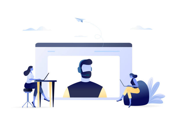 Люди используют онлайн техническую поддержку. 24 7. Обслуживание клиентов, мужчина оператор горячей линии консультирует клиентов. Клиент и оператор. Для веб-баннера, флаера, открытки, презентации. Плоский бизнес
