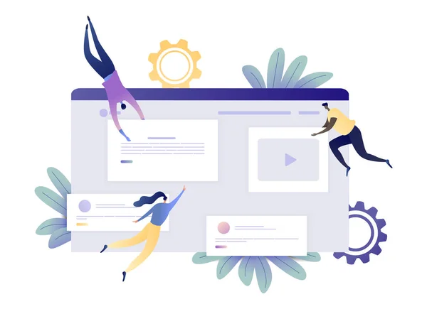 Honlap és App fejlesztési - emberek építése és weboldal készítés. Modern lapos vektoros illusztráció áramlás koncepció Web Banner, szórólap, honlap, kártya, bemutató. Elszigetelt fehér. — Stock Vector