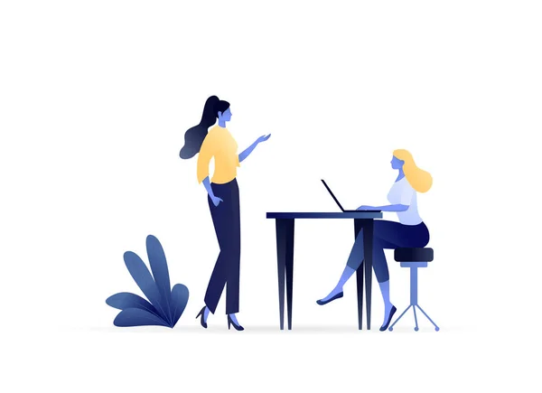 Mulher de negócios a falar com o seu colega no escritório. Trabalho em equipe no Projeto, Brainstorming, Assistente no trabalho. Promoção na Rede. Gerente de Trabalho Remoto. Conceito de Vetor Plano Ilustração . — Vetor de Stock