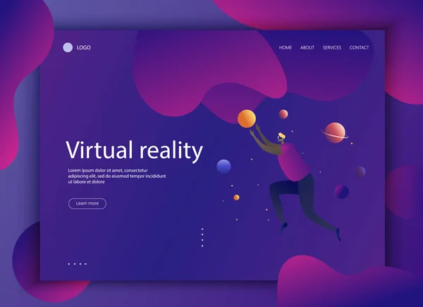 Sanal gerçeklik platformu açılış sayfası Web sitesi şablonu. Adam giyen sanal gözlük gezegenlerin uzayda uçmak. Sıvı şekiller. Modern düz vektör kavramı tasarlamak.