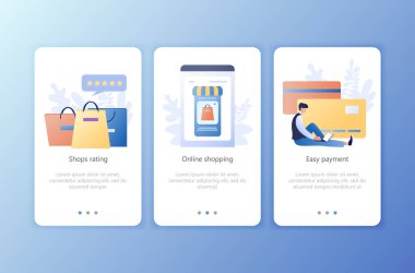 Online alışveriş, puan, kolay ödeme dükkanlar. Onboarding ekranlar kullanıcı arabirimi kiti kümesi. Mobil uygulama şablonları. Web sitesi, web sayfası. Modern Ux, UI. Düz iş kavramı vektör çizim.