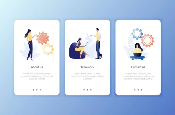 Teamwork, over ons, contact met ons op. Set doordat schermen gebruiker interface kit. Mobiele toepassingssjablonen. Website, web-pagina. Modern Ux, Ui. Platte business concept vectorillustratie. — Stockvector