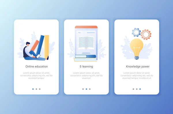 Educación en línea, E-learning, Poder del conocimiento, Cursos. Conjunto de pantallas de incorporación kit de interfaz de usuario. Plantillas de aplicaciones móviles. Sitio web, página web. UX moderna, IU. Vector de concepto de negocio plano — Vector de stock
