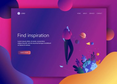 Uzayda uçan adam, açılış sayfası Web sitesi şablonu. Sıvı şekiller. Fantastik, bulma ilham, Internet, yaratıcılık, sanal gerçeklik oluşturulmasında. Düz vektör konsept tasarımı