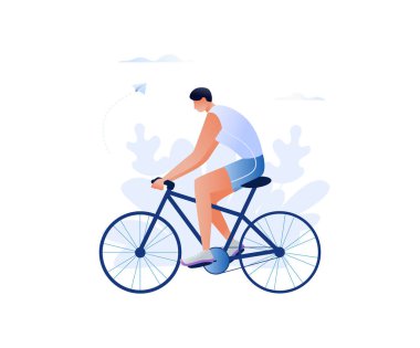 Bisikletçi - adam Bisiklete binmek. Spor, sağlıklı lifesyle kavramı. Beyaz arka plan üzerinde izole. Düz vektör çizim web banner, Web sitesi, tanıtım için.