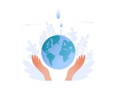 Eller gezegen su damlaları - Dünya günü, gezegeni kurtarmak ile enerji kavramı tutun. Düz vektör çizim web banner, Web sitesi, tanıtım için.