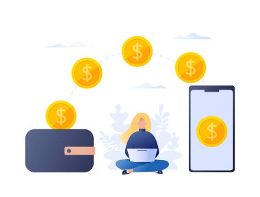 M-cüzdan ve akıllı telefon ve bilgisayar laptop ile oturan kadın ile para transferi ve nakit çekme. Online finansal işlem, ödeme. Düz kavramı vektör çizim web, açılış sayfası için