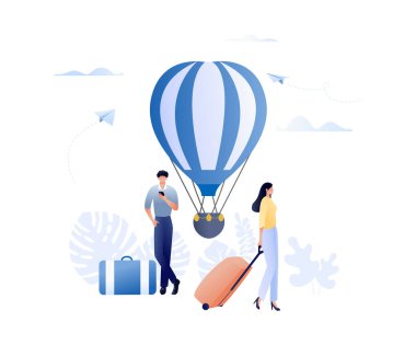 Seyahat - çanta ve hava balonu olan insanlar. Tatil günlerinde gidiyor, planlama tatil. Arka plan ile insan karakterleri isplated üzerinde. Düz kavramı vektör çizim web, açılış sayfası, afiş için