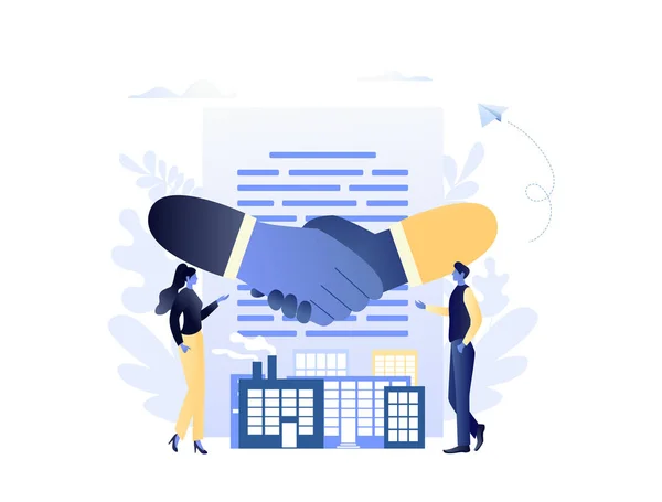 B2B Apertando as mãos com pessoas pequenas, empresa e fábrica. Negócios para negócios. Ilustração vetorial conceito moderno plano para web, landing page, banner, apresentação, folheto, cartaz. Azul e amarelo — Vetor de Stock