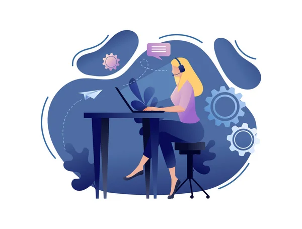Çevrimiçi Yardımcısı - müşteri ve operatör, online teknik destek 24-7 web sayfası için. Kadın hattı operatörü istemci, sanal yardım hizmeti önerir. Düz kavramı vektör çizim web, iniş için