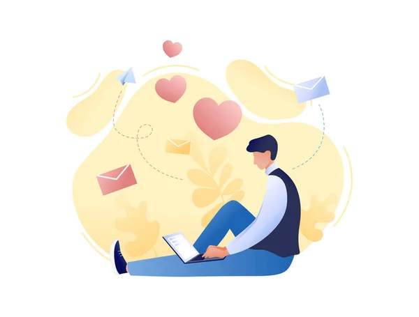 Dia de São Valentim - Jovem com mensagem de amor mensagens de texto laptop. Amor no ar, primavera, bate-papo online romântico. Ilustração vetorial de conceito plano para web, landing page, banner, apresentação, folheto —  Vetores de Stock