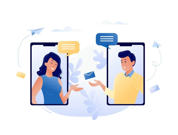 Concept Vector Illustration Chatting Internet Using Mobile Phone Social Networking — Vetor de Stock