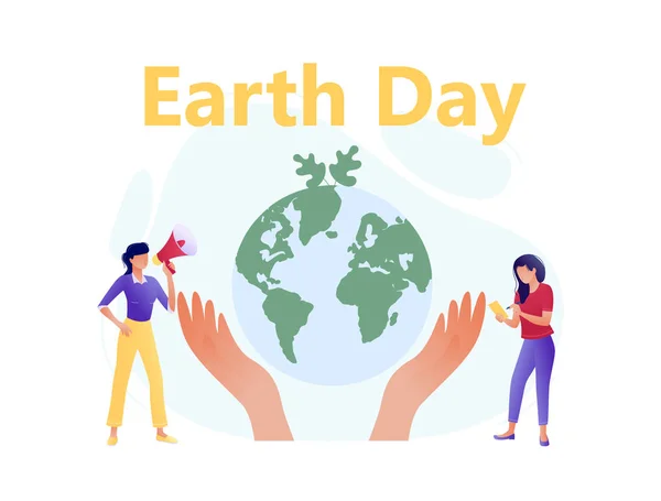 Handen houden planeet met weinig mensen-Save the Planet, Earth Day, Save Energy concept. Plat concept vector illustratie voor web, landing page, banner, presentatie, flyer, poster. — Stockvector