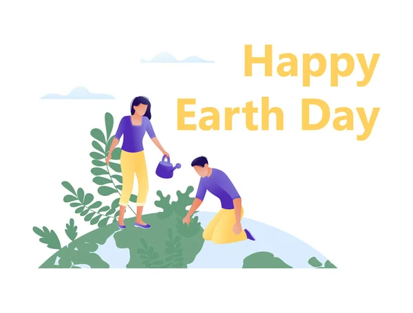 La gente pequeña planta árboles juntos en el gran planeta - salvar el planeta, Feliz Día de la Tierra, ahorrar energía, ecología, concepto del día del medio ambiente mundial. Ilustración de vector de concepto plano para web, landing page — Vector de stock