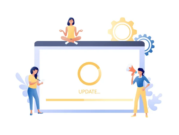 Sistem güncelleme, yazılım yükseltme işlemi - küçük insanlar ve mesaj ile büyük ekran. Modern teknoloji ve yeni uygulama sürümü indirme, progres kurulum. Web için düz konsept vektör illüstrasyon