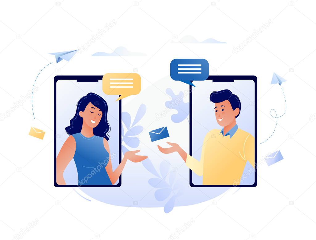 Concept vector illustration of chatting via the Internet using mobile phone, social networking, communication, news, messages, search friends. For web banner, website, flyer, card