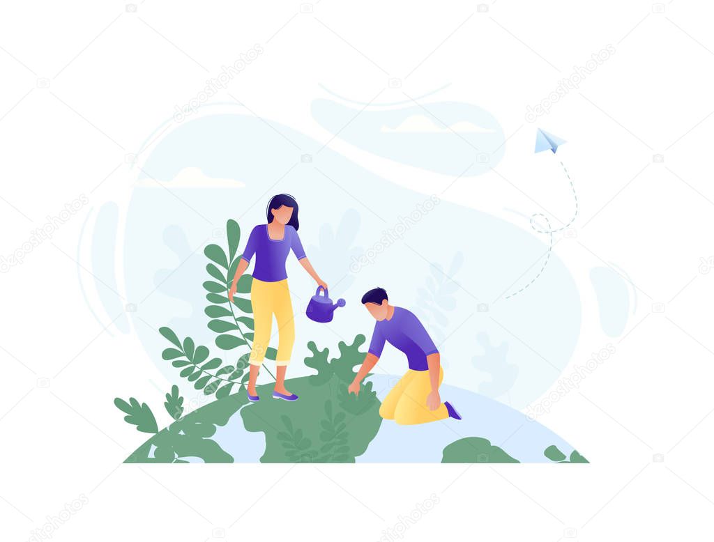 Little people plant trees together on the big planet - save the planet, Happy Earth Day, save energy, ecology, world environment day concept. Flat concept vector illustration for web, landing page