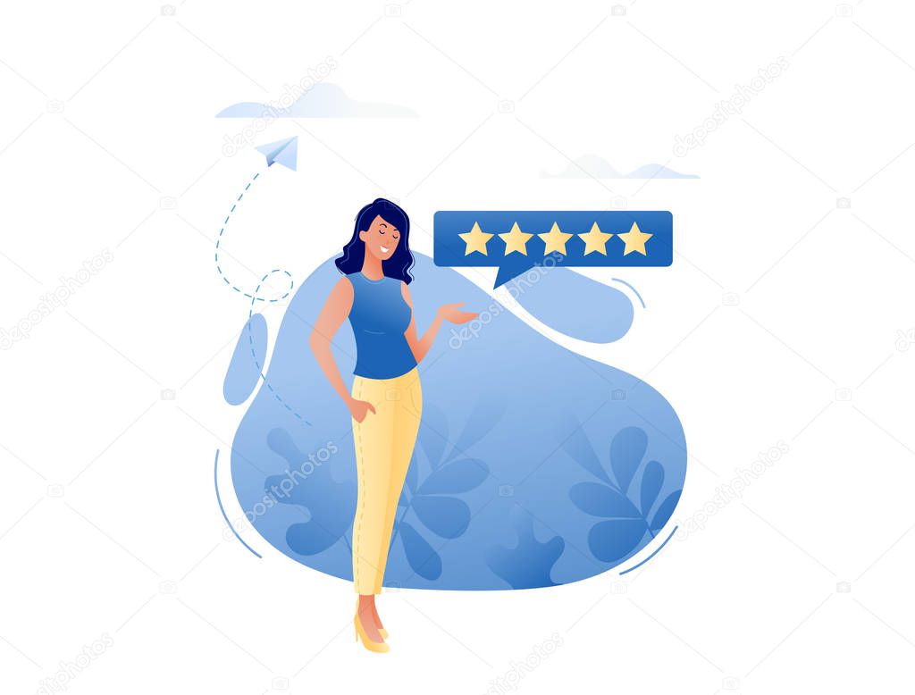 Good review - happy smiling woman leaving five stars for online product or service. Reviews, about us, good work contented consumer concept. Flat vector illustration for web, landing page, banner