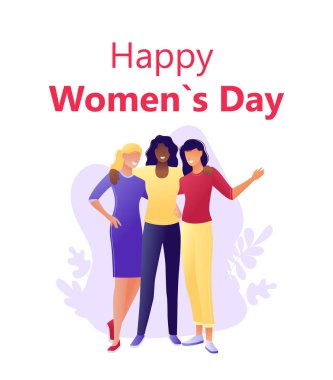 Happy International Women s Day 8 Mart - Genç mutlu kadınlar birlikte sarılma. Web, açılış sayfası, afiş, sunum, el ilanı, poster için düz konsept vektör illüstrasyon.