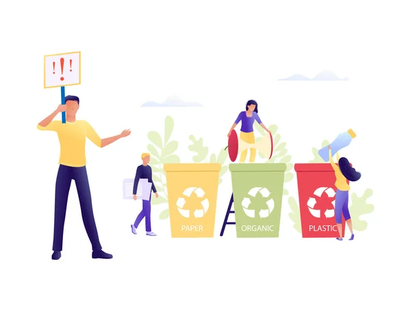 Recycling garbage - small little people throw garbage in containers. The employee is engaged in recycling garbage, business analysis. Environmental protection, ecology, earth day. Flat concept vector — Stock Vector