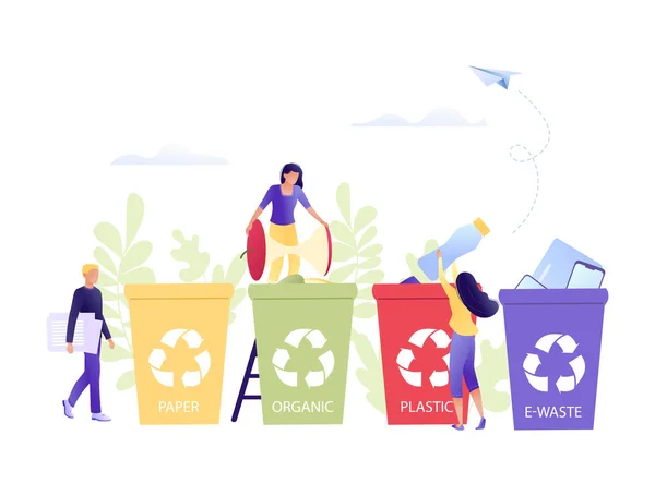 Reciclaje de basura - pequeños pequeños tiran basura en contenedores. Separación de contenedores de basura. Plástico, papel, orgánico. residuos electrónicos. Protección del medio ambiente, ecología, día de la tierra. Concepto plano — Archivo Imágenes Vectoriales