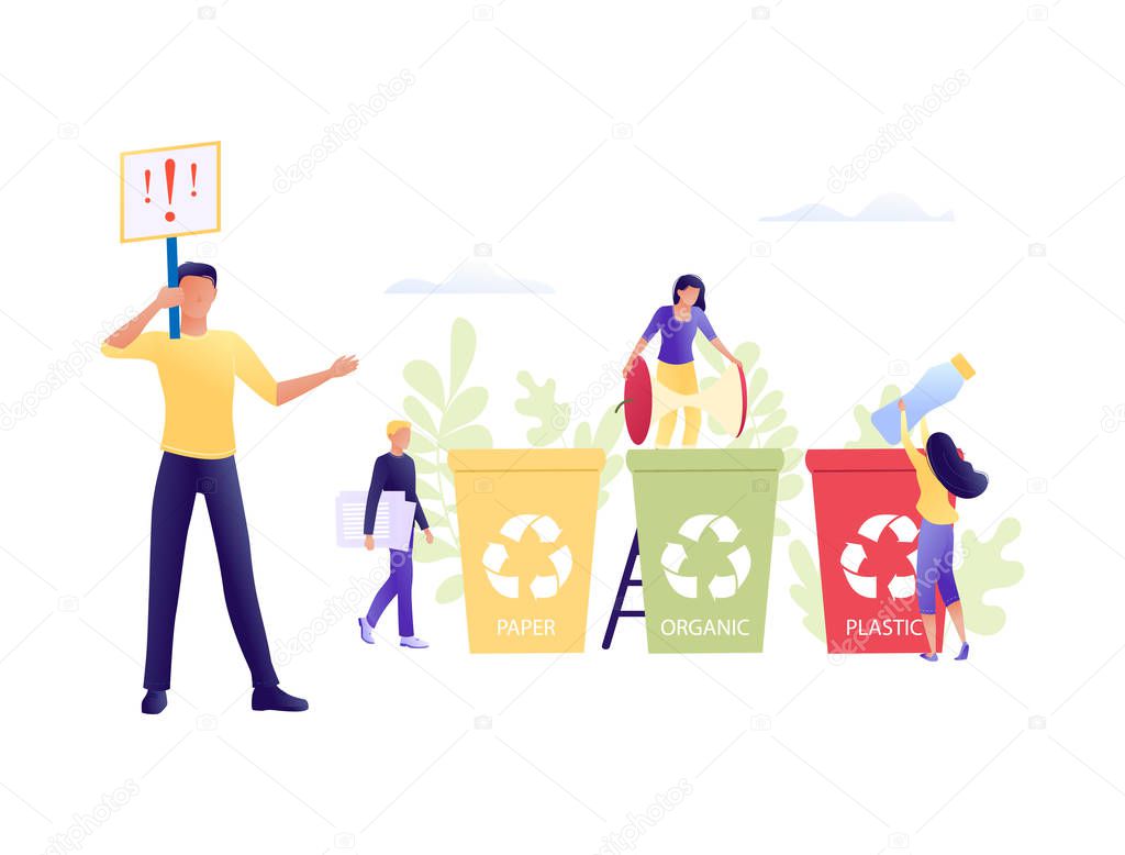 Recycling garbage - small little people throw garbage in containers. The employee is engaged in recycling garbage, business analysis. Environmental protection, ecology, earth day. Flat concept vector