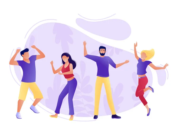 Gente bailando: hombres y mujeres jóvenes se divierten juntos. Fiesta corporativa, festival, fiestas, carnaval. Estudio o escuela de baile. Ilustración de vector de concepto plano para web, landing page, banner — Vector de stock