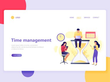 Bilgisayar ve tablet ile kum saati yakınında oturan ve duran insanlar ile zaman yönetimi Açılış web sayfası şablonu. Planlama ve strateji. Web sayfası, web sitesi ve