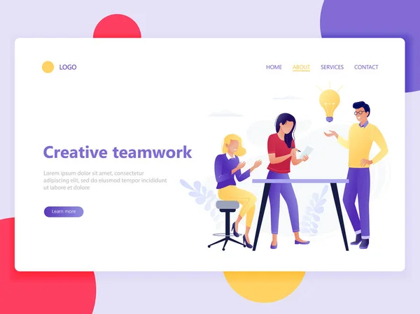 Landing webpaginasjabloon van creatief teamwork-mensen die werken in een vriendelijke werkplek. Coworking, teamwork, idee, communicatie, interactie. Vlakke concept vector illustratie. — Stockvector